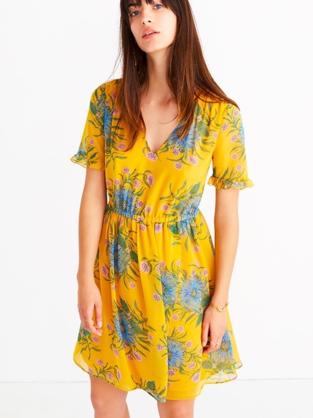 Madewell Mustard Yellow Floral V-Neck Dress
